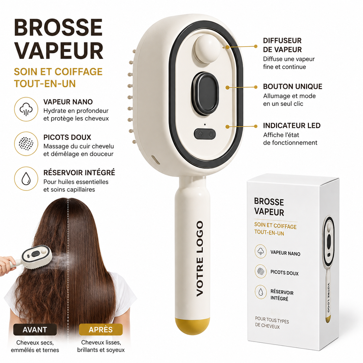 Brosse Vapeur 3-en-1 – Soin, Démêlage & Lissage