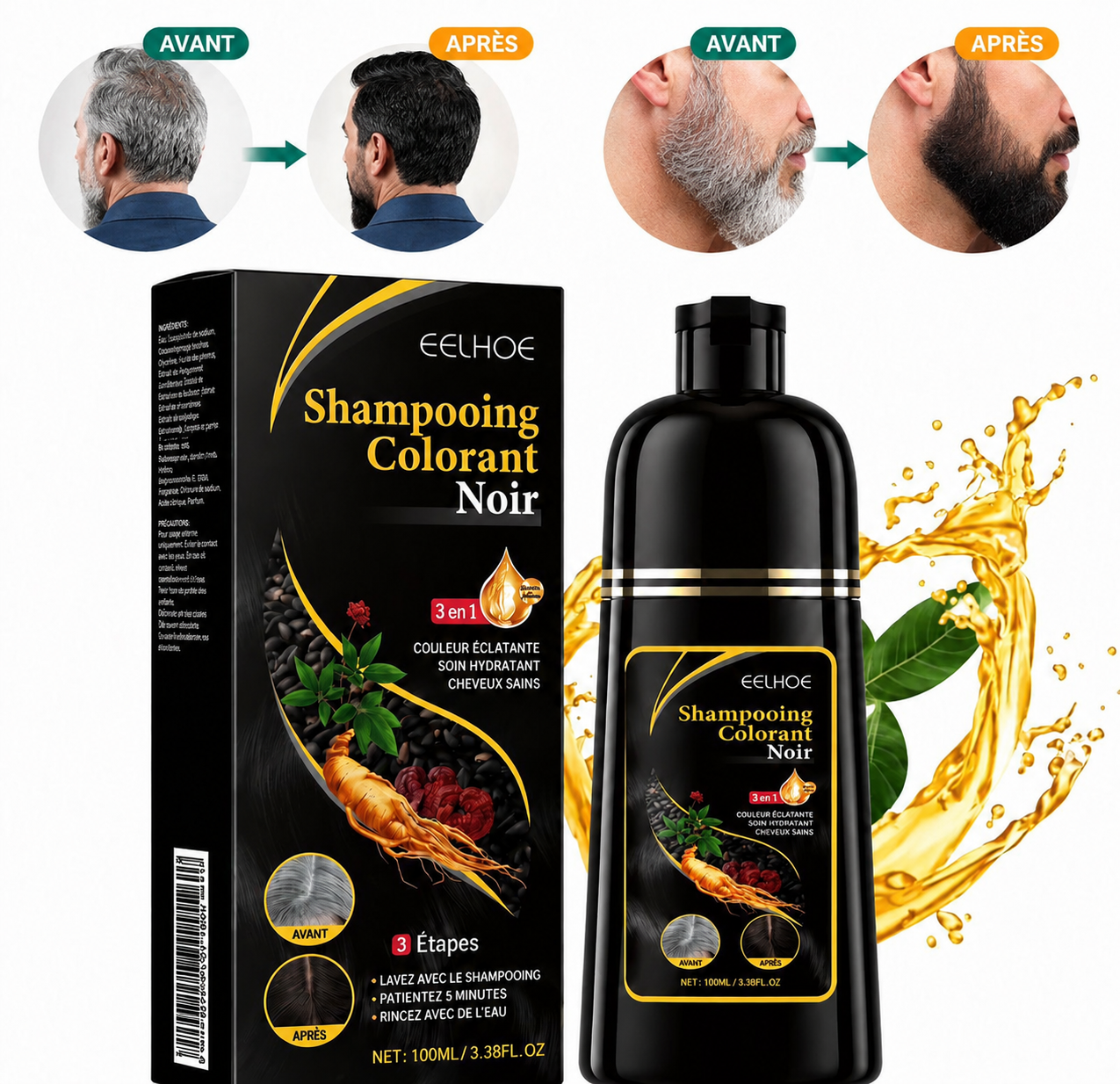 Shampoing Colorant Noir 3 en 1 – Cheveux & Barbe