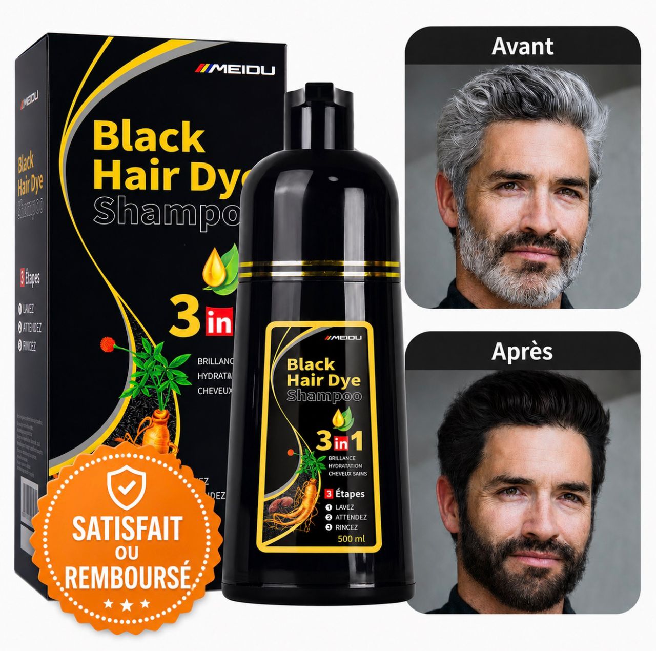 Shampoing Colorant Noir 3 en 1 – Cheveux & Barbe